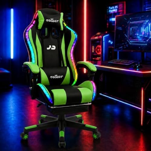 Redeer Led RGB Gaming Chair with Speakers Massage & Footrest, Reclining Gamer Chair for Adults, Video Game Chairs with Canopy, Heavy Duty Gaming Chair Massage, 350LBS Green
