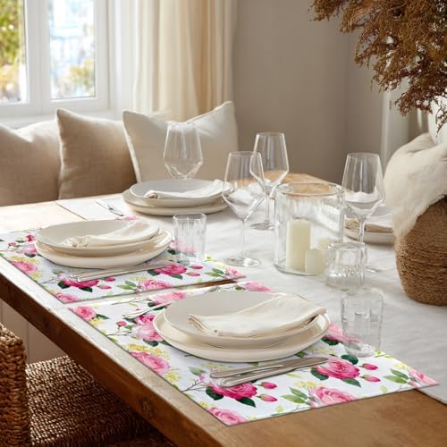 Shrahala Beautiful Rose Flower Set of 8 12 X 18 Inch Linen Placemats, Beautiful Flower Elegant Burlap Table Mat Washable Double Layered Heat Insulation for Indoor/Outdoor