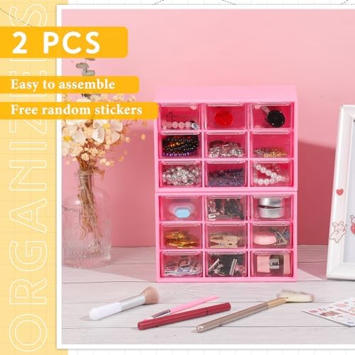 Wenqik 2 Pcs Mini Storage Drawers with 9 Clear Drawers, Rose Red