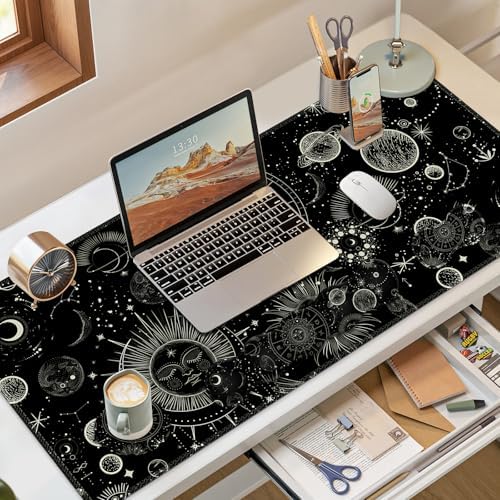 Gaming Mouse Pad Keyboard Wrist Support, 4 in1 Mousepad Set with Wrist Keyboard Rest, Computer Desk Mat, Non-Slip Desk Pad Protector with Memory Foam Easy Typing Pain Relief I Moon Sun Cosmic