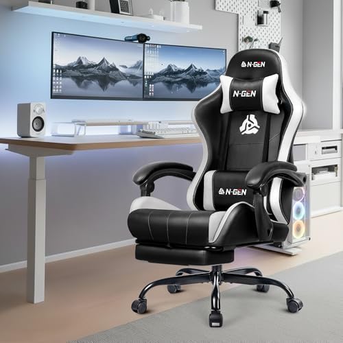 N-GEN GAMING Gaming Chair, Footrest, Lumbar, High-Back, White Black
