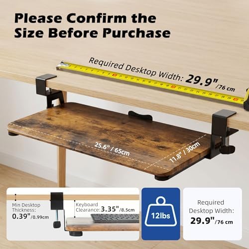 Under‑Desk Clamp Keyboard Tray, 26.77" Slide‑Out Tray,Mahogany