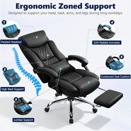Ergonomic Office Chair Executive PU Leather High Back, 400lbs Heavy Duty Reclining Desk Chair with Footrest, Adjustable Lumbar Support, Padded Armrests, Wide Seat, Black
