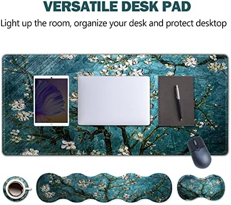 Upgraded Extended Gaming Mouse Pad, Keyboard Wrist Rest Pad, Wrist Support Mousepad Set, Artso Large Stable Rubber Base Stitched Edges, Multifunctional Desk Pad 35 x15.5 in, Blue Van Gogh Painting