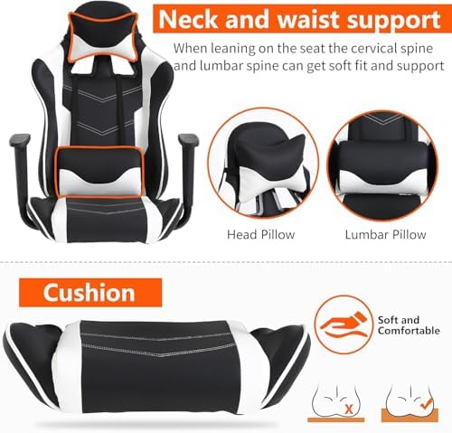 PC Gaming Chair with Footrest, Ergonomic Home Office Chair with Lumbar Support & Headrest Pillow, White