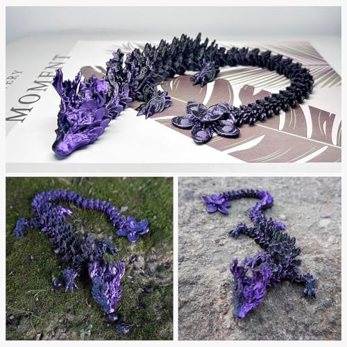 Outgoto 3D Printed Cherry Blossom Dragon – 11.8in Realistic Articulated Dragon Fidget Toy, Desk Décor and Collectible (Black Purple)