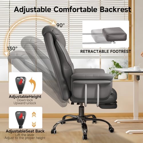 Big and Tall Office Chair 550 lbs Extra Wide Leather Executive Chair with Retractable Footrest, Heavy-Duty Ergonomic Chair, Adjustable Height Computer Gaming Chairs