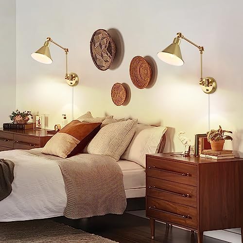 TRLIFE Wall Sconce with Remote Control, Brushed Brass Plug in Wall Sconces Dimmable and Adjustable Color Temperature 2700K-6000K, Swing Arm Wall Lights with Plug in Cord, UL Listed(2 Pack, 2 Bulbs)