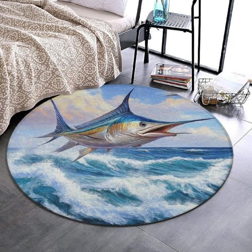 Large Round Area Rug Home Decor Modern Bathroom Rug Kitchen Office Circle Rug for Living Room Sofa Circle Cute Mat Whimsical Fish Painting, 60inch