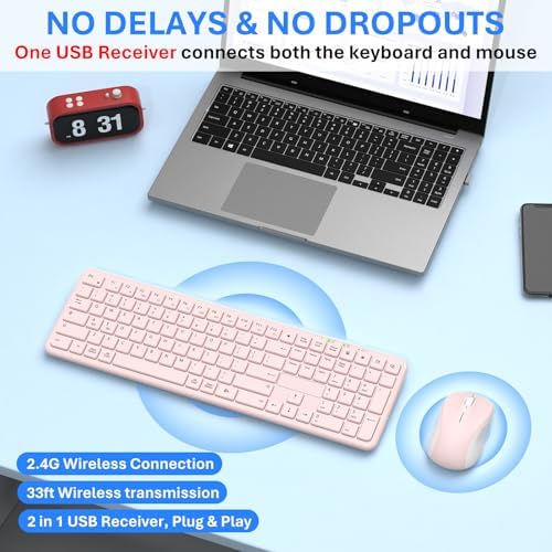 Wireless Keyboard and Mouse Combo, Full-Size Silent Ergonomic Keyboard and Mouse, Sleep Mode, Long Battery Life, 2.4G Lag-Free Cordless Mice Keyboard Set for Computer, Laptop, PC, Mac, Windows (Pink)