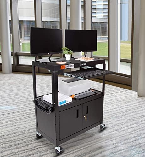 Line Leader Large AV Cart with Locking Cabinet | Height Adjustable Utility Cart with Pullout Keyboard Tray & Cord Management | UL Safety-Certified Computer Cart | Easy Assembly (32 x 18 x 42in)