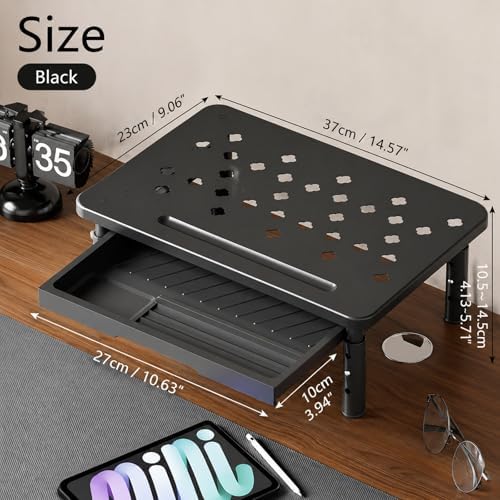 Ergonomic Monitor Stand Riser with Drawer, 3 Height Adjustable (3.9/4.7/5.5 inch) Heavy Duty Carbon Steel+PE Computer Desk Organizer with Storage for Laptop Printer Dual Screens, 14.6 x 9.1 inch (Black)