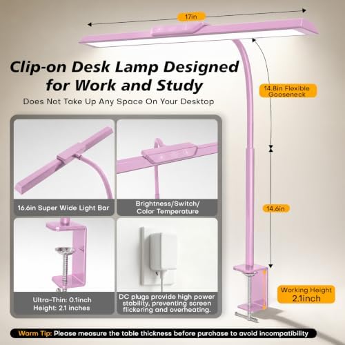 MOICO LED Desk Lamp with Clamp for Office Home-(Pink, 14.8in)