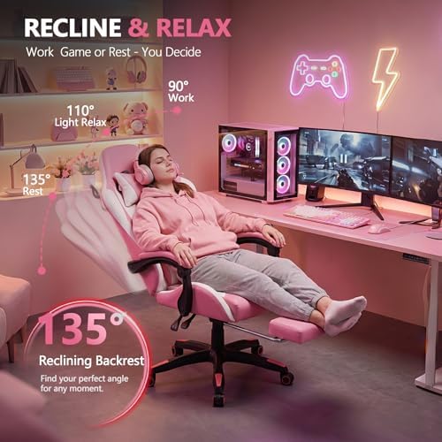 Mr IRONSTONE Pink Gaming Chair with Footrest, Ergonomic High Back Gamer Chair with Massage Lumbar Support, Reclining Video Game Chair with Adjustable Headrest, Swivel Computer Desk Chair