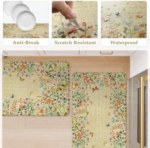 KIMODE Anti Fatigue Mats for Kitchen Floor,Brown Boho Butterfly Floral Rugs