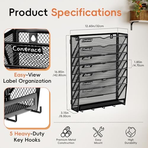 8-Tier Wall File Organizer with Hook, Hanging File Organizer Black