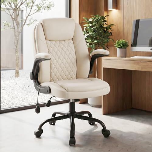 MALOL Leather Office Chair, Home Desk Chair with Flip-up Arms, Beige