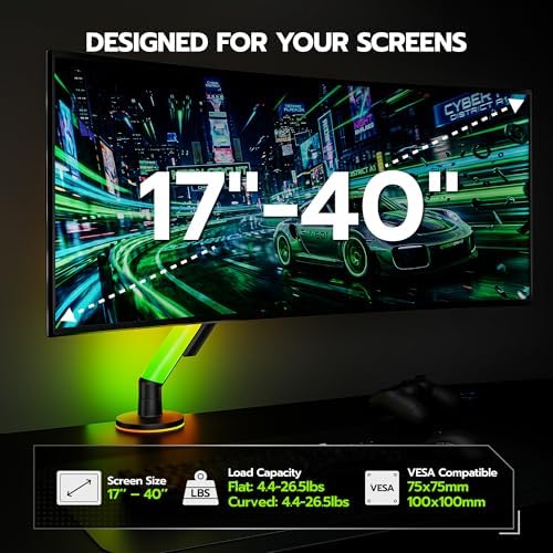 ARES WING RGB Single Monitor Arm Desk Mount for 17-40 inch Monitors, Black