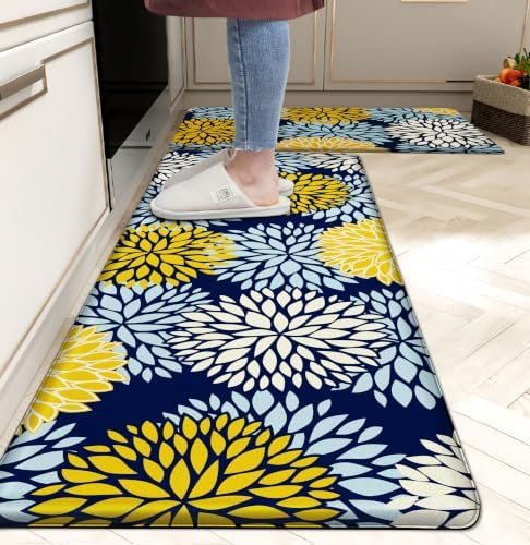 Kitchen Mats Set of 2 Cushioned Anti Fatigue Kitchen Rugs Non Slip Waterproof Kitchen Runner Memory Foam Floor Mat Comfort Standing Mat for Sink,Office,Laundry, Navy Yellow