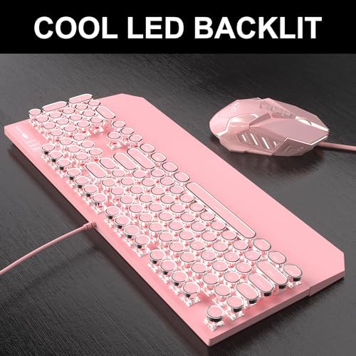 Retro Pink Typewriter-Style Keyboard and Mouse Combo, Cute Light Up Wired Mechanical Keyboard with Linear Red Switches, Full Size for Gaming, Work, Mac, PC, Windows