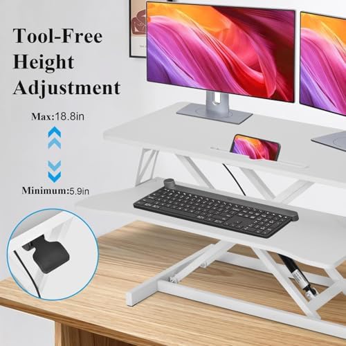 37 Inch Standing Desk Converter, Height Adjustable Desk Riser with Gas Spring Lift, Dual Monitor & Laptop Workstation, Sit Stand Desktop Converter with Wide Keyboard Tray for Home Office