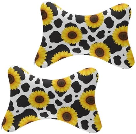 Car Headrest Pillow Black White Milk Cow Spots Print Sunflower 2 Pack Memory Foam Cervical Support for Travel Sleeping