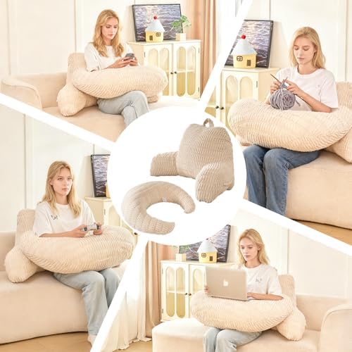 17" Reading Pillow for Bed,U Shaped Arm & Elbow Support,White Corduroy