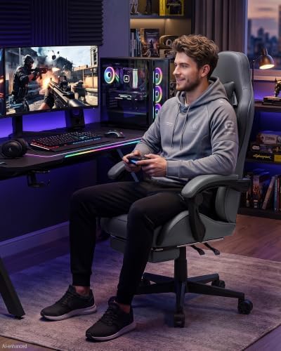LUCKRACER Gaming Chair with Pocket Spring Cushion and Footrest, PU Leather 90°-155° Reclining Computer Chair, 4.5" Height Adjustment, Ergonomic Office Chair with Lumbar Support, Dark Gray