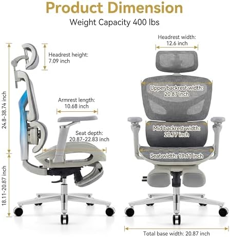Ergonomic Massage Office Chair, Big & Tall 400lbs, Mesh, Gray