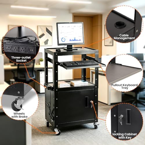 AV Cart with Wheels and Power, Locking Cabinet and Keyboard Tray