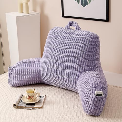 Large Reading Pillow for Sitting Up with Arms,Purple Corduroy
