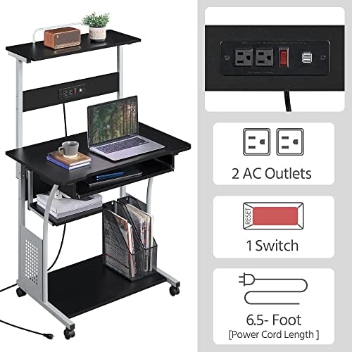 Yaheetech Small 3-Tier Rolling Computer Desk, Power Outlet, Black