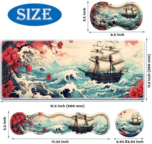 Mouse Pad Combo, Large Gaming Mouse Pad + Keyboard Wrist Support + Mouse Wrist Rest + Coaster, Table Pad 31.5 "x 11.8" with Memory Foam Ergonomic Wrist Pad Set, Pirate Ship Landscape Pattern