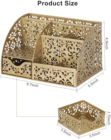 EasyPAG Desk Organizer and Pen Holder for Desk, Mesh Office Supplies Storage Caddy with Drawer for Small Space, Desktop Organizer for Home Office, Gold
