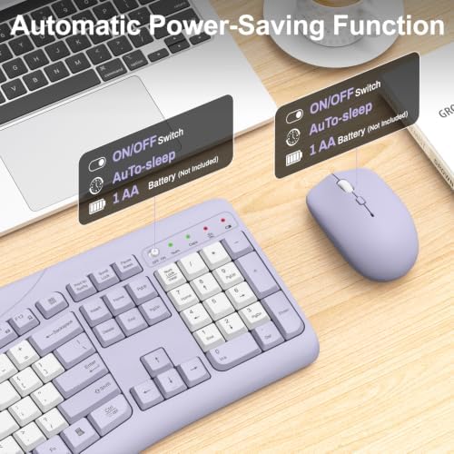 Wireless Keyboard and Mouse Combo, Quiet Ergonomic Curved Keys(Purple-B)