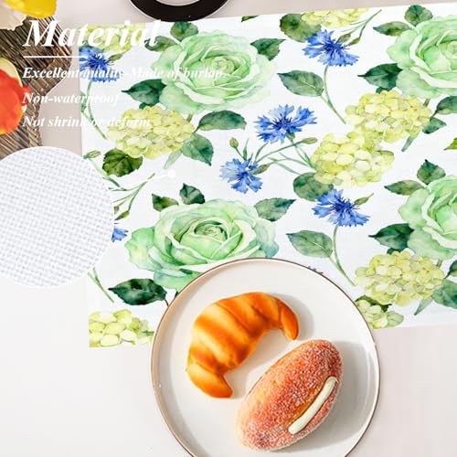 Shrahala Vintage Blue Set of 8 12 X 18 Inch Linen Placemats, Pink Flower The of Rose Hand Draw Watercolor Burlap Table Mat Washable Double Layered Heat Insulation for Indoor/Outdoor