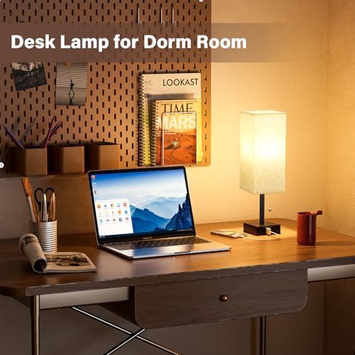 Fenmzee Bedside Lamps for Bedroom Set of 2 - Small Rectangular Nightstand Lamp with USB A C Charging Port, 3 Color Temperatures Desk Light with Bulb, Tabletop Reading Lamp for Living Room/Dorm/Office
