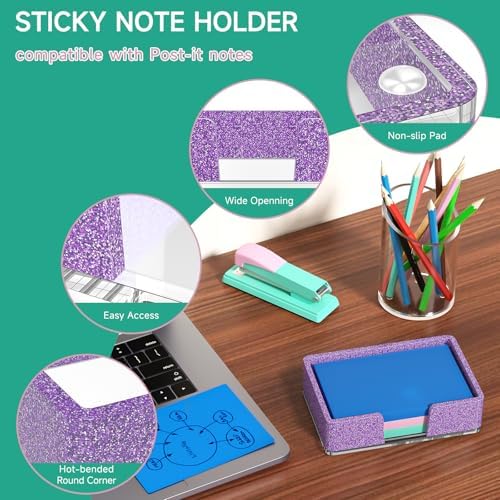 Sticky Note Holder, Glitter Purple Acrylic Notepad Holder 4x6 in Self-Stick Note Dispenser Office Desk Accessories, Memo Pad Holder Organizer for Classroom School Supplies