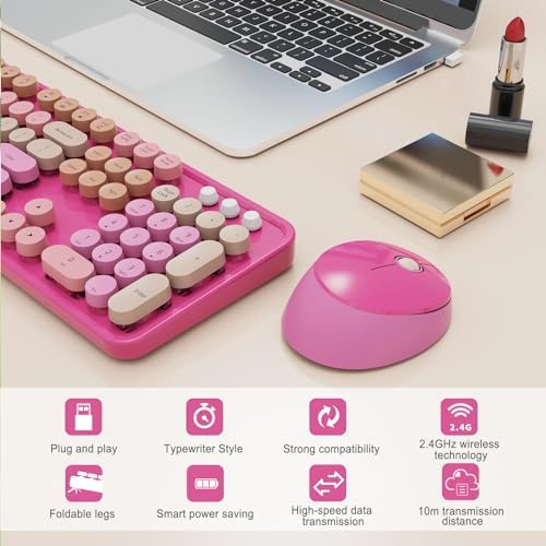 SkyGive Wireless Keyboard and Mouse Combo, Ergonomic Full Size Typewriter Retro Round Keycaps Keyboard, Compatible with Windows, PC, Perfer for Home and Office Keyboards （Red）