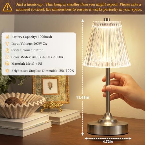Silver Cordless Rechargeable Table Lamp, Touch Battery Powered Lamp, 3 Color Modes, Crystal Acrylic Lampshade, Portable Ambient Night Light for Desk, Bedroom, Living Room, Dining Room, Kitchen, Bar