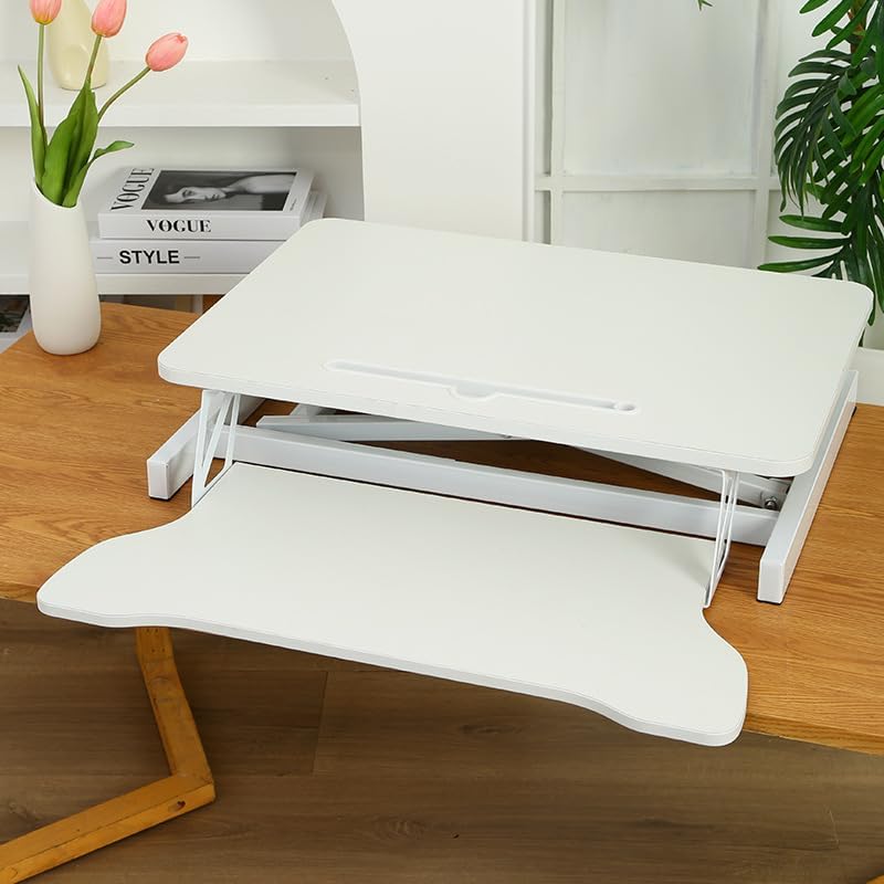32 Inch Desk Converter, Height Adjustable Stand Up Desk Riser, Dual Monitor and Laptop Workstation with Wide Keyboard Tray for Table Home Office (White)