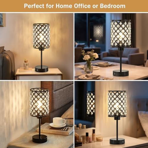 GyroVu Black Crystal Bedside Table Lamps Set of 2 with USB C+A Ports