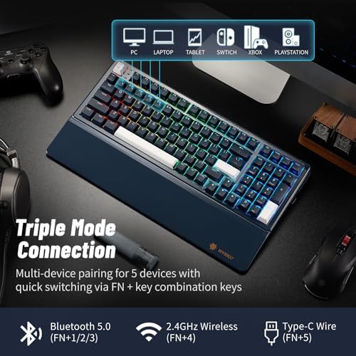 Hexgears Wireless Mechanical Keyboard with Wrist Rest,Tri-Mode BT5.0/2.4GHz/USB-C Hot Swappable Custom Keyboard,Pre-lubed Linear Switches,RGB Backlit Computer Gaming Keyboards for PC/Tablet/PS/Xbox