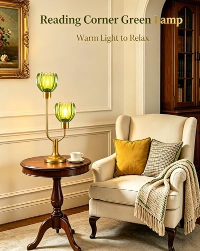 Green Glass Flower Table Lamp for Bedroom Dimmable 2 Bulbs Included