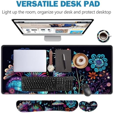 AIMSA Large Gaming Mouse Pad Set, Keyboard Wrist Rest Support+ Extended Mousepad+ Mouse Wrist Cushion+Coaster, Ergonomic Multifunctional Desk Mat 35x15.7in, Colorful Abstract Mushrooms