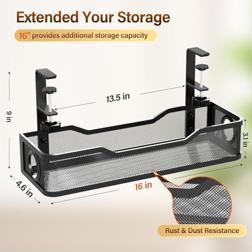 Under Desk Cable Management Large, Cinati 16" Cable Management Box for Table Thickness up to 3", Wire Cord Organizer with Clamp No Drill, No Damage to Desk (Black)