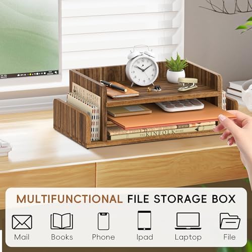Wooden Desk Organizer, 3-Tier Paper Trays with 2 Mail Sorters, Dark Brown
