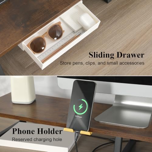 TEAMIX 42 inch Dual Monitor Stand with Storage Drawer & Phone Holder, Brown