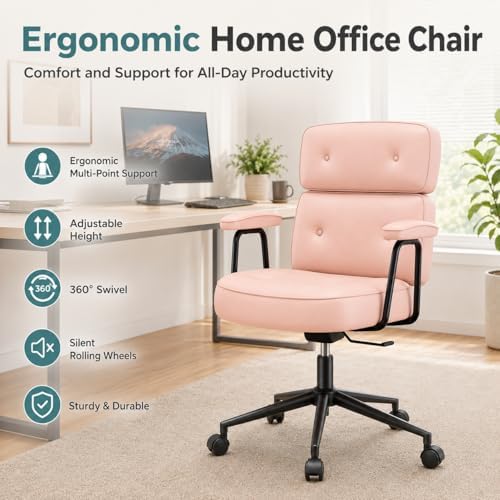 Ergonomic Home Office Desk Chair, PU Leather Computer Chair with Lumbar Support, Adjustable Height, 360° Swivel Rolling Wheels, Executive Task Chair for Office, Gaming, Meeting Room, Pink