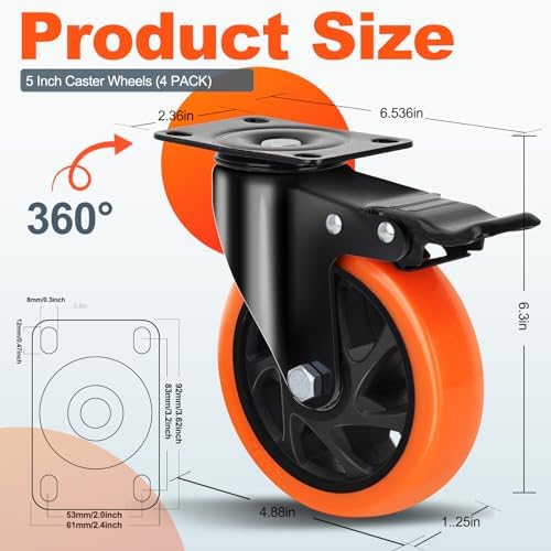 QNCZ 5 Inch Caster Wheel with Dual Brake, Heavy Duty, Silent, Set of 4